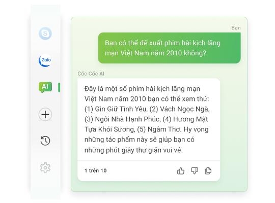 Trò chuyện với Cốc Cốc AI Chat ngay trên thanh bên